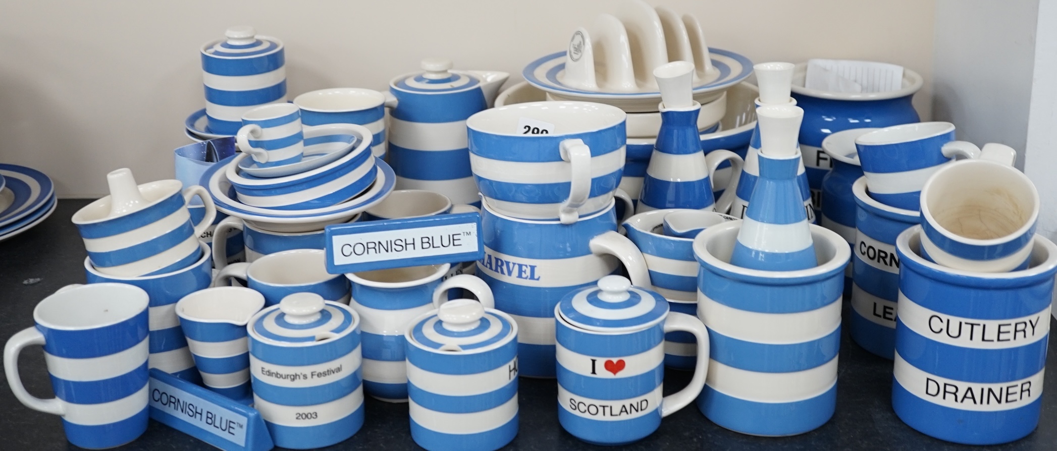 A quantity of modern T.G.Green Cornish Kitchenware, to include lidded storage jars, preserve jars and covers, cups, bowls and jugs, approximately fifty pieces. Condition - fair to good